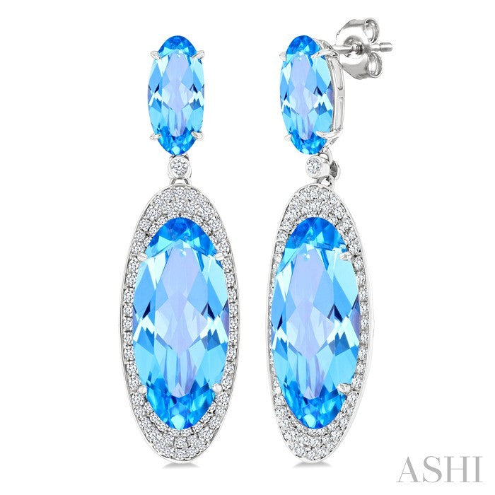 18x8 MM & 10x5 MM Oval Cut Blue Topaz and 3/4 Ctw Round Cut Diamond Halo Semi-Precious Earrings in 14K White Gold