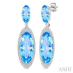 18x8 MM & 10x5 MM Oval Cut Blue Topaz and 3/4 Ctw Round Cut Diamond Halo Semi-Precious Earrings in 14K White Gold