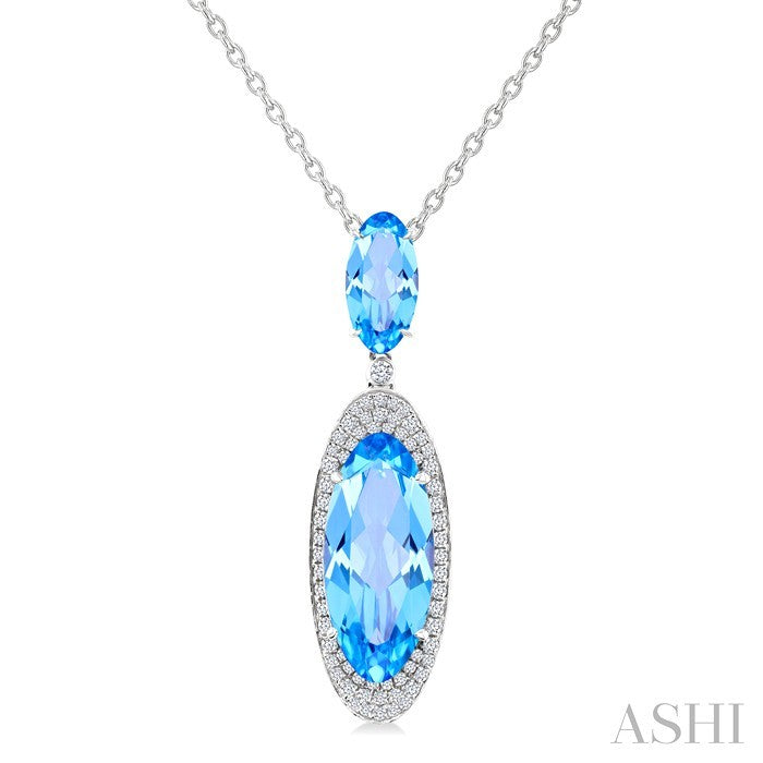 18x8 MM & 10x5 MM Oval Cut Blue Topaz and 1/3 Ctw Round Cut Diamond Halo Semi-Precious Pendant With Chain in 14K White Gold