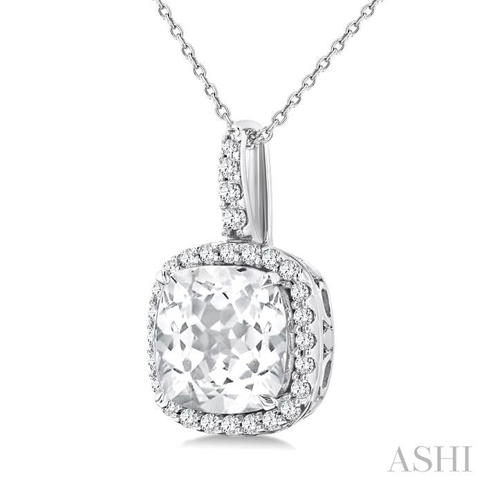 9X9 MM Cushion Cut White Topaz and 1/4 Ctw Round Cut Diamond Semi-precious Pendant in 14K White Gold with Chain