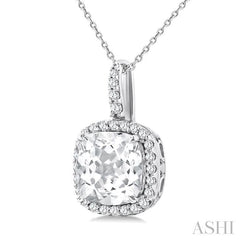 9X9 MM Cushion Cut White Topaz and 1/4 Ctw Round Cut Diamond Semi-precious Pendant in 14K White Gold with Chain