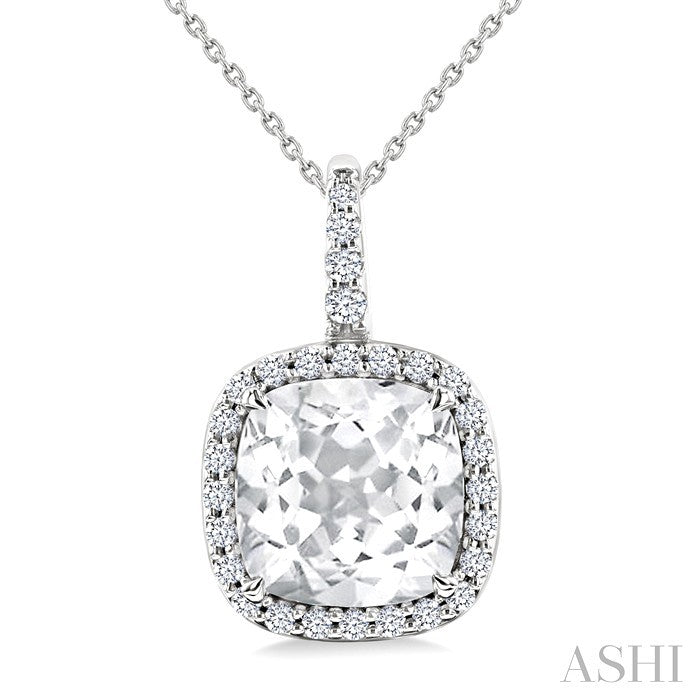 9X9 MM Cushion Cut White Topaz and 1/4 Ctw Round Cut Diamond Semi-precious Pendant in 14K White Gold with Chain