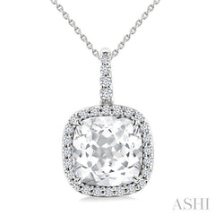 9X9 MM Cushion Cut White Topaz and 1/4 Ctw Round Cut Diamond Semi-precious Pendant in 14K White Gold with Chain