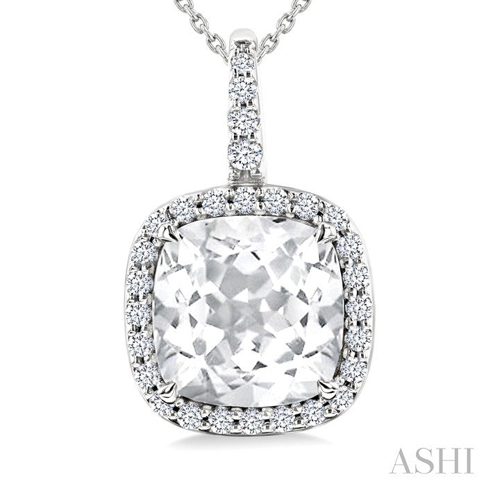 9X9 MM Cushion Cut White Topaz and 1/4 Ctw Round Cut Diamond Semi-precious Pendant in 14K White Gold with Chain
