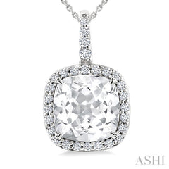9X9 MM Cushion Cut White Topaz and 1/4 Ctw Round Cut Diamond Semi-precious Pendant in 14K White Gold with Chain
