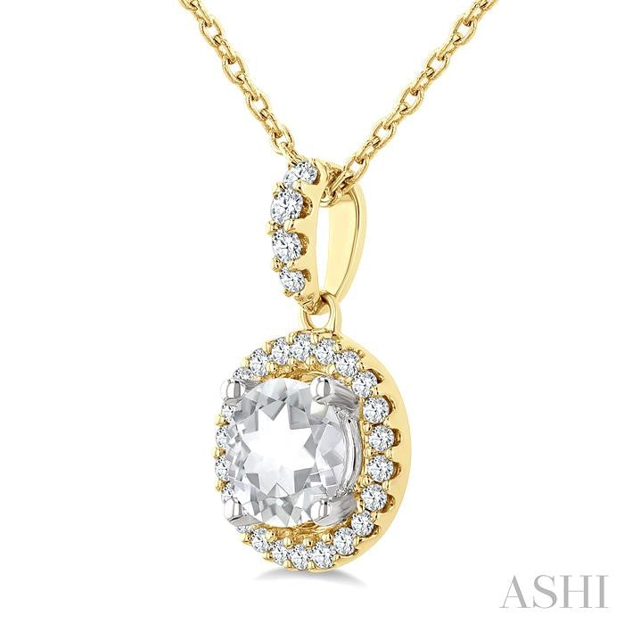 5 MM White Topaz and 1/10 Ctw Round Cut Diamond Halo Semi-Precious Pendant With Chain in 14K Yellow and White Gold