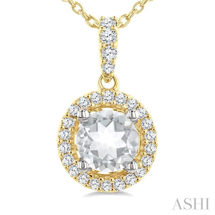 5 MM White Topaz and 1/10 Ctw Round Cut Diamond Halo Semi-Precious Pendant With Chain in 14K Yellow and White Gold