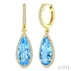 12X5 MM Pear Shape Blue Topaz and 1/3 Ctw Round Cut Diamond Semi-Precious Earrings in 10K Yellow Gold