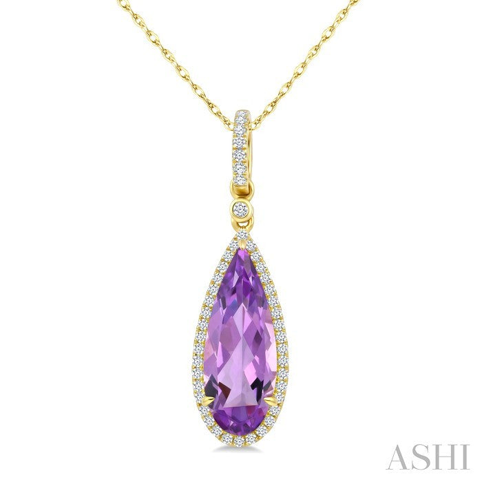16X6 MM Pear Shape Amethyst and 1/5 Ctw Round Cut Diamond Semi-Precious Pendant With Chain in 10K Yellow Gold