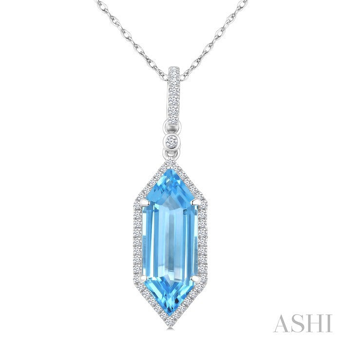 16X6 MM Hexagon Shape Blue Topaz and 1/5 Ctw Round Cut Diamond Semi-Precious Pendant With Chain in 10K White Gold