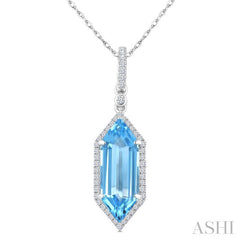 16X6 MM Hexagon Shape Blue Topaz and 1/5 Ctw Round Cut Diamond Semi-Precious Pendant With Chain in 10K White Gold