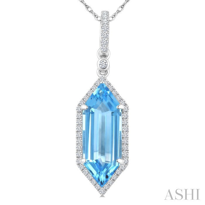 16X6 MM Hexagon Shape Blue Topaz and 1/5 Ctw Round Cut Diamond Semi-Precious Pendant With Chain in 10K White Gold