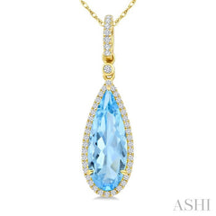 16X6 MM Pear Shape Blue Topaz and 1/5 Ctw Round Cut Diamond Semi-Precious Pendant With Chain in 10K Yellow Gold