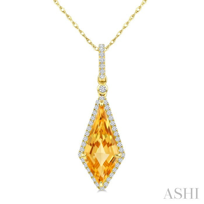 16X7 MM Kite Shape Citrine and 1/5 Ctw Round Cut Diamond Semi-Precious Pendant With Chain in 10K Yellow Gold
