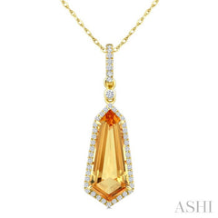 16X7 MM Shield Shape Citrine and 1/5 Ctw Round Cut Diamond Semi-Precious Pendant With Chain in 10K Yellow Gold