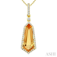 16X7 MM Shield Shape Citrine and 1/5 Ctw Round Cut Diamond Semi-Precious Pendant With Chain in 10K Yellow Gold
