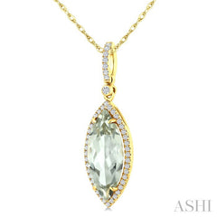 16X7 MM Marquise Shape Green Amethyst and 1/5 Ctw Round Cut Diamond Semi-Precious Pendant With Chain in 10K Yellow Gold