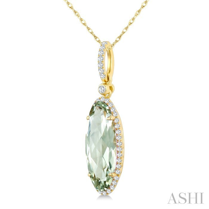 16X6 MM Oval Shape Green Amethyst and 1/5 Ctw Round Cut Diamond Semi-Precious Pendant With Chain in 10K Yellow Gold