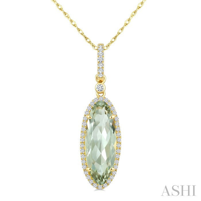 16X6 MM Oval Shape Green Amethyst and 1/5 Ctw Round Cut Diamond Semi-Precious Pendant With Chain in 10K Yellow Gold