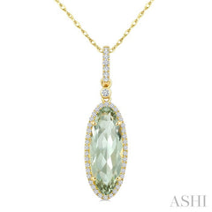 16X6 MM Oval Shape Green Amethyst and 1/5 Ctw Round Cut Diamond Semi-Precious Pendant With Chain in 10K Yellow Gold