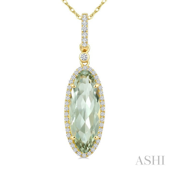 16X6 MM Oval Shape Green Amethyst and 1/5 Ctw Round Cut Diamond Semi-Precious Pendant With Chain in 10K Yellow Gold