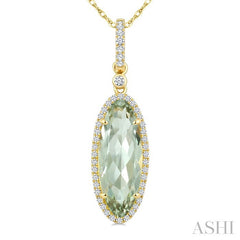 16X6 MM Oval Shape Green Amethyst and 1/5 Ctw Round Cut Diamond Semi-Precious Pendant With Chain in 10K Yellow Gold
