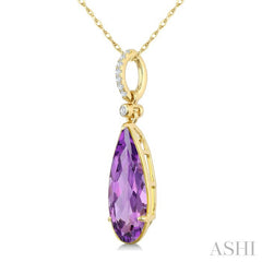 16X6 MM Pear Shape Amethyst and 1/20 Ctw Round Cut Diamond Semi-Precious Pendant With Chain in 10K Yellow Gold
