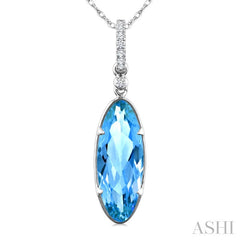 16X6 MM Oval Shape Blue Topaz and 1/20 Ctw Round Cut Diamond Semi-Precious Pendant With Chain in 10K White Gold