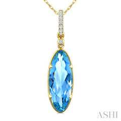 16X6 MM Oval Shape Blue Topaz and 1/20 Ctw Round Cut Diamond Semi-Precious Pendant With Chain in 10K Yellow Gold