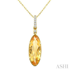 16X6 MM Oval Shape Citrine and 1/20 Ctw Round Cut Diamond Semi-Precious Pendant With Chain in 10K Yellow Gold
