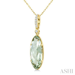16X6 MM Oval Shape Green Amethyst and 1/20 Ctw Round Cut Diamond Semi-Precious Pendant With Chain in 10K Yellow Gold