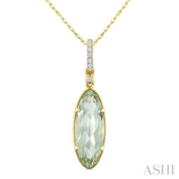 16X6 MM Oval Shape Green Amethyst and 1/20 Ctw Round Cut Diamond Semi-Precious Pendant With Chain in 10K Yellow Gold