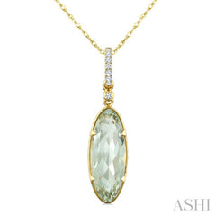 16X6 MM Oval Shape Green Amethyst and 1/20 Ctw Round Cut Diamond Semi-Precious Pendant With Chain in 10K Yellow Gold