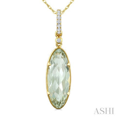 16X6 MM Oval Shape Green Amethyst and 1/20 Ctw Round Cut Diamond Semi-Precious Pendant With Chain in 10K Yellow Gold