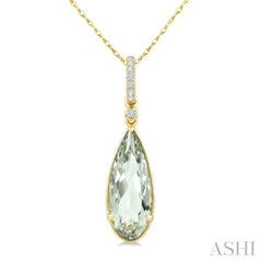 16X6 MM Pear Shape Green Amethyst and 1/20 Ctw Round Cut Diamond Semi-Precious Pendant With Chain in 10K Yellow Gold