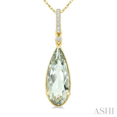 16X6 MM Pear Shape Green Amethyst and 1/20 Ctw Round Cut Diamond Semi-Precious Pendant With Chain in 10K Yellow Gold