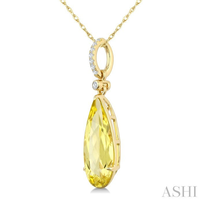 16X6 MM Pear Shape Lemon Quartz and 1/20 Ctw Round Cut Diamond Semi-Precious Pendant With Chain in 10K Yellow Gold