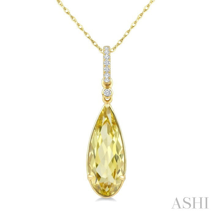 16X6 MM Pear Shape Lemon Quartz and 1/20 Ctw Round Cut Diamond Semi-Precious Pendant With Chain in 10K Yellow Gold