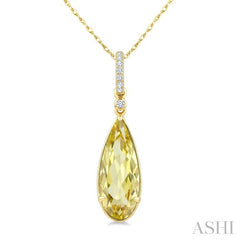 16X6 MM Pear Shape Lemon Quartz and 1/20 Ctw Round Cut Diamond Semi-Precious Pendant With Chain in 10K Yellow Gold