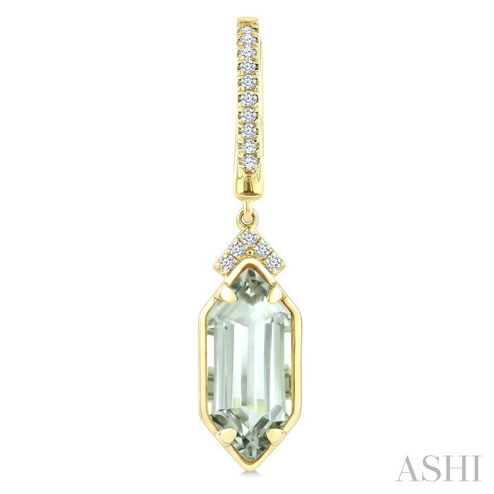 12X5 MM Hexagon Shape Green Amethyst and 1/6 Ctw Round Cut Diamond Semi-Precious Earrings in 10K Yellow Gold