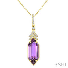 16X6 MM Hexagon Shape Amethyst and 1/10 Ctw Round Cut Diamond Semi-Precious Pendant With Chain in 10K Yellow Gold