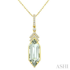 16X6 MM Hexagon Shape Green Amethyst and 1/10 Ctw Round Cut Diamond Semi-Precious Pendant With Chain in 10K Yellow Gold