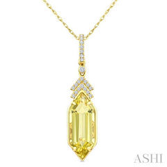 16X6 MM Hexagon Shape Lemon Quartz and 1/10 Ctw Round Cut Diamond Semi-Precious Pendant With Chain in 10K Yellow Gold