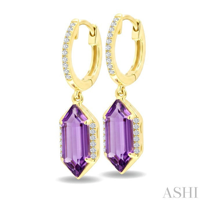 12X5 MM Hexagon Shape Amethyst and 1/5 Ctw Round Cut Diamond Semi-Precious Earrings in 10K Yellow Gold