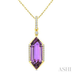 16X6 MM Hexagon Shape Amethyst and 1/10 Ctw Round Cut Diamond Semi-Precious Pendant With Chain in 10K Yellow Gold