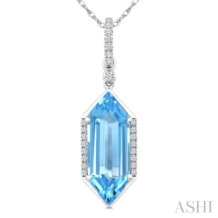 16X6 MM Hexagon Shape Blue Topaz and 1/10 Ctw Round Cut Diamond Semi-Precious Pendant With Chain in 10K White Gold
