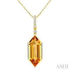16X6 MM Hexagon Shape Citrine and 1/10 Ctw Round Cut Diamond Semi-Precious Pendant With Chain in 10K Yellow Gold
