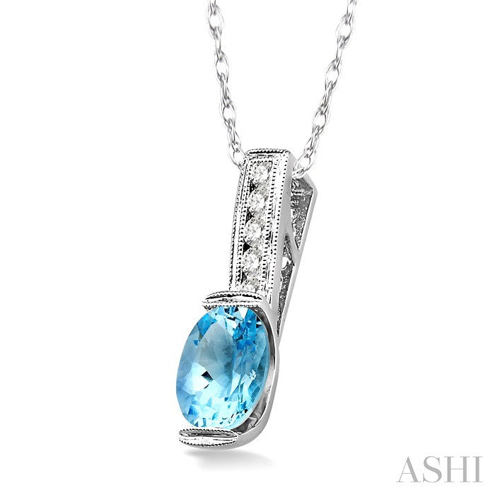 8x6 MM Oval Shape Aquamarine and 1/10 Ctw Diamond Pendant in 14K White Gold with Chain