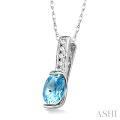 8x6 MM Oval Shape Aquamarine and 1/10 Ctw Diamond Pendant in 14K White Gold with Chain