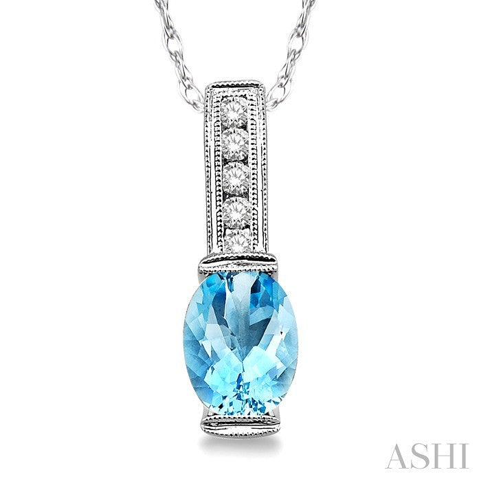 8x6 MM Oval Shape Aquamarine and 1/10 Ctw Diamond Pendant in 14K White Gold with Chain